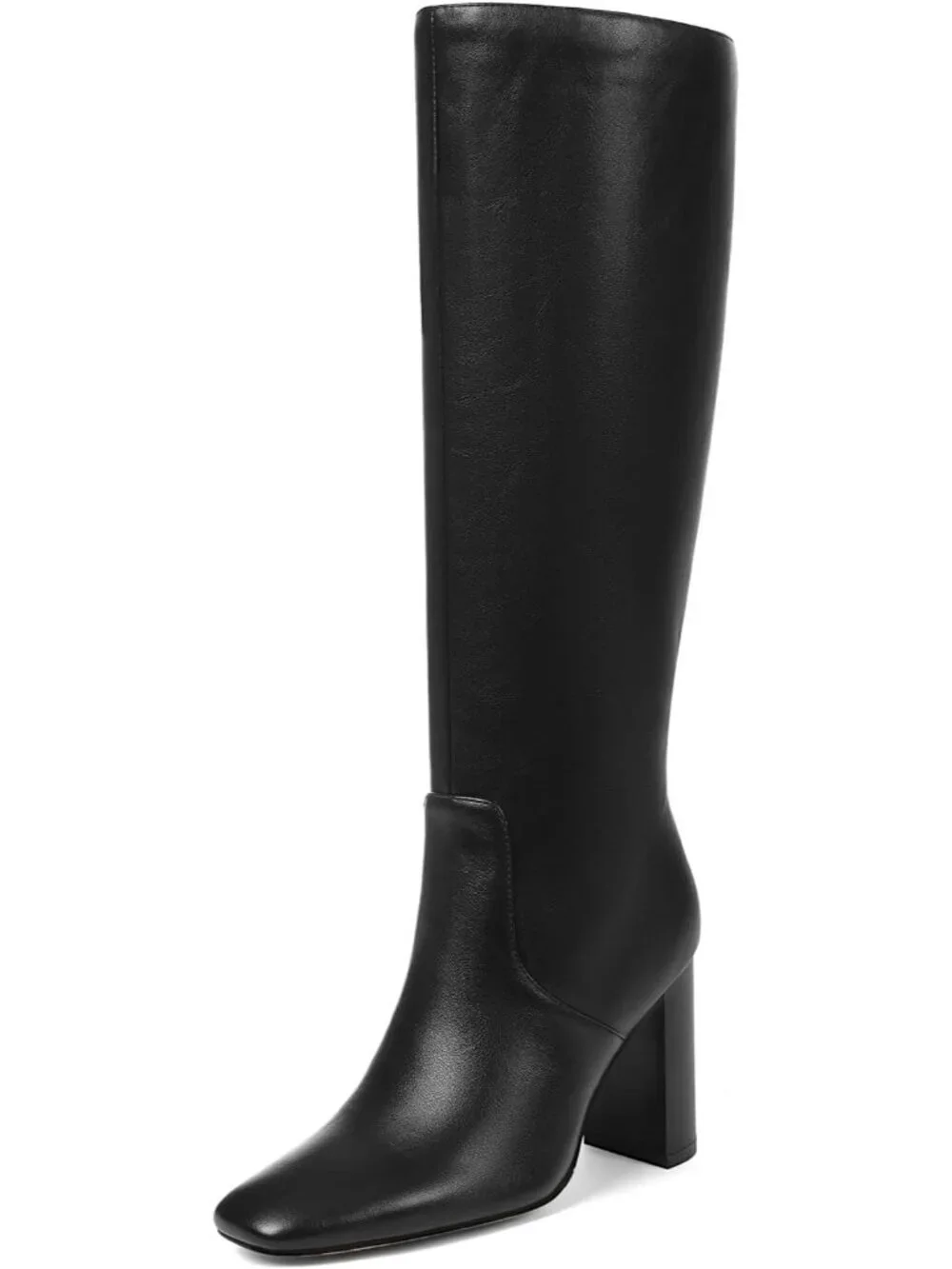 Women's Black Faux Leather Comfortable Square Toe Chunky High Knee High Boots